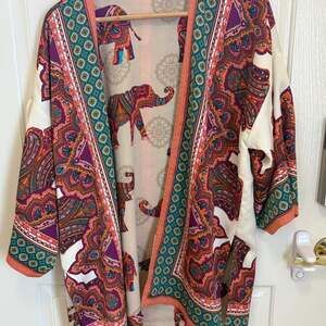 Boho Elephant Paisley Print Kimono Cardigan Jacket Open Front Festival Style